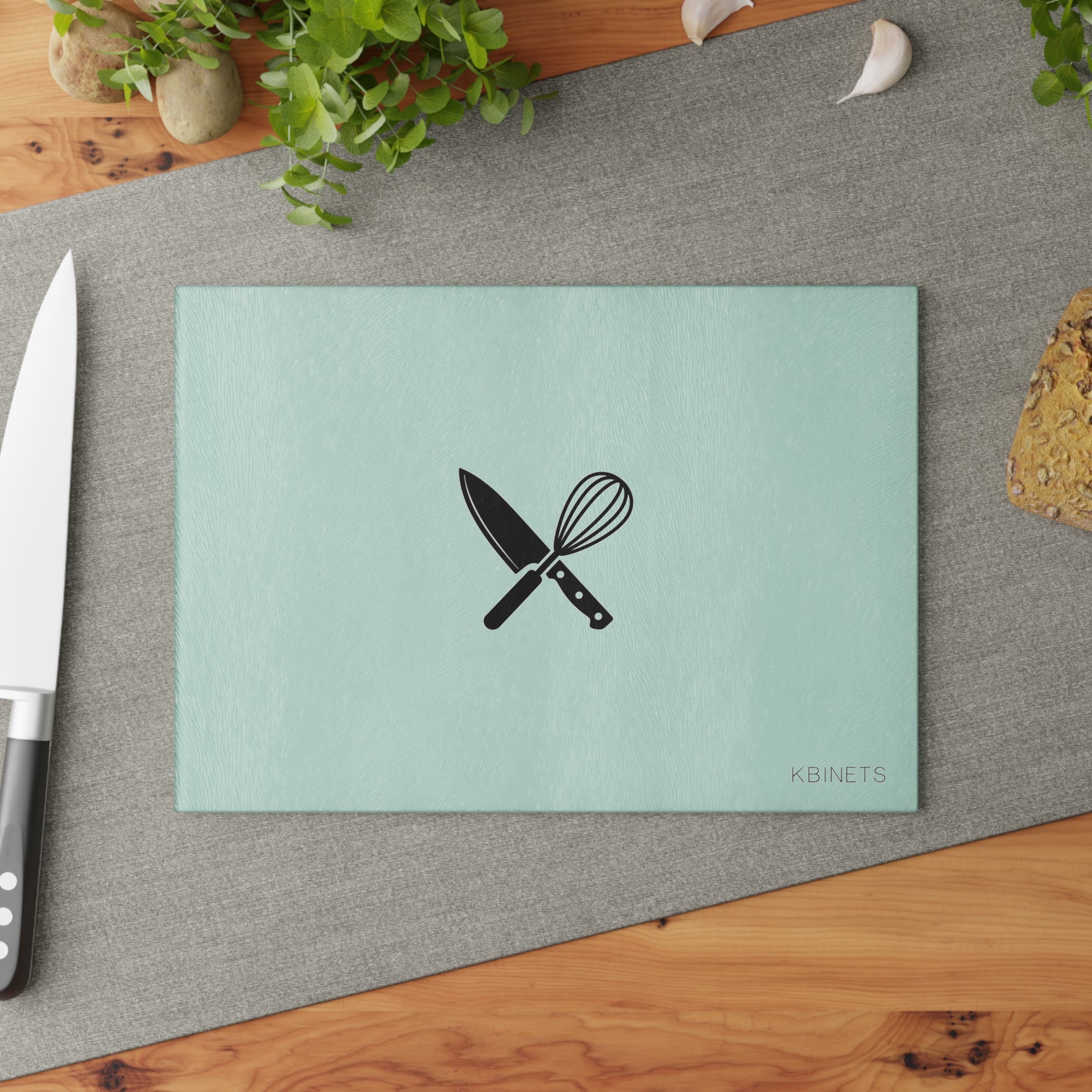 Chef Knife & Whisk Glass Cutting Board — Mint Kitchen Prep Board