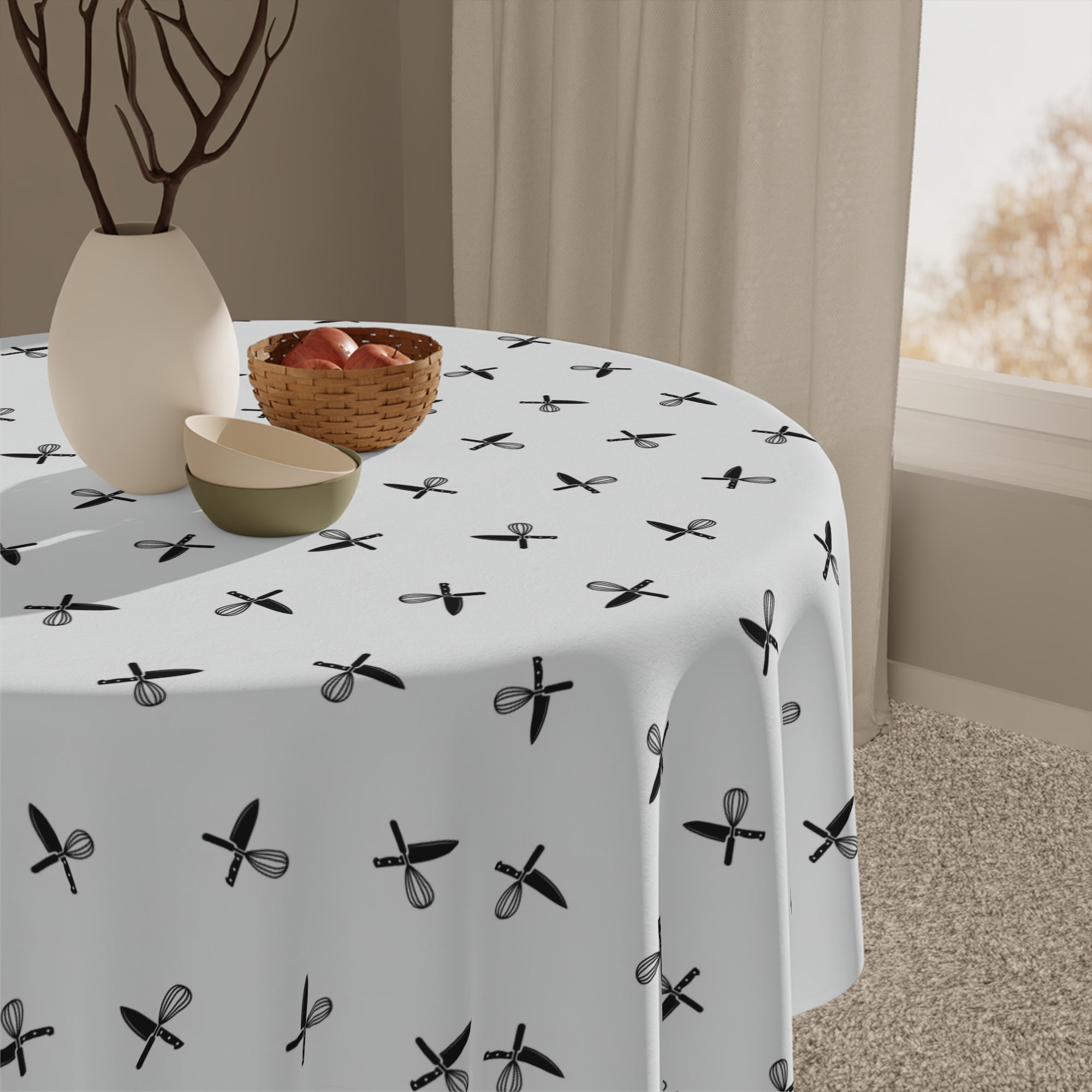 Minimal Black Bow Pattern Tablecloth — Modern Monochrome Dining Linen